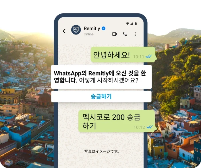 고객이 송금을 시작하려는 상황을 보여주는 WhatsApp의 시뮬레이션 말풍선입니다.
