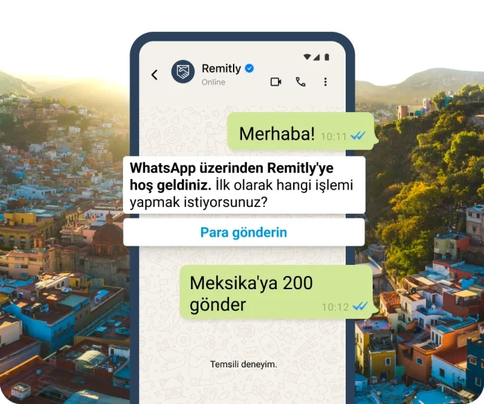 WhatsApp'ta transfer gerçekleştirmek isteyen bir müşteriyi gösteren temsili sohbet balonları.