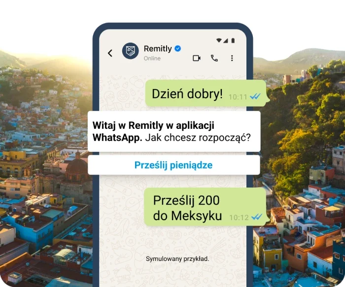 Symulowane dymki rozmowy w WhatsAppie przedstawiające klienta, który chce rozpocząć transfer.