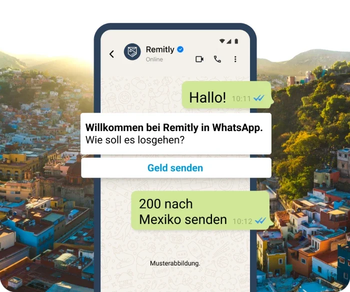 Simulierte Chatunterhaltung in WhatsApp, in der ein Kunde eine Überweisung tätigen möchte.