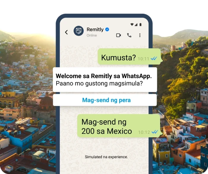 Mga simulated na conversation bubble sa WhatsApp na nagpapakita ng isang customer na gustong mag-start ng transfer.